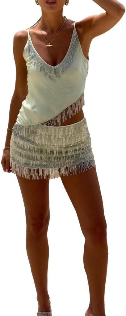 Wuitrie Women's Fringe 2 Piece Mini Skirt Set Chain Spaghetti Strap Crop Top High Waist Skirt Summer Vacation Beach Outfits