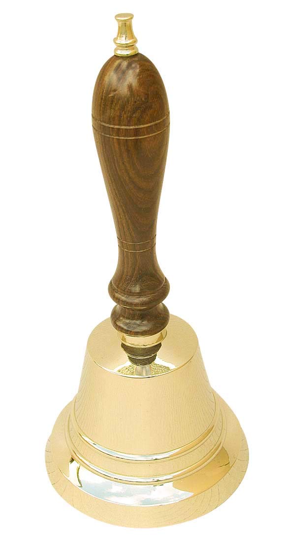 Campana da tavolo in ottone e legno, altezza = 22 cm, diametro = 10 cm