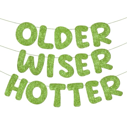 Image of Fulmoon Set of 3 Pre Strung Older Wiser Hotter Glitter Banner Funny Birthday Banner for Women 30th 40th 50th 60th 70th 80th Birthday Party Decorations Sign Gift(Grass Green)