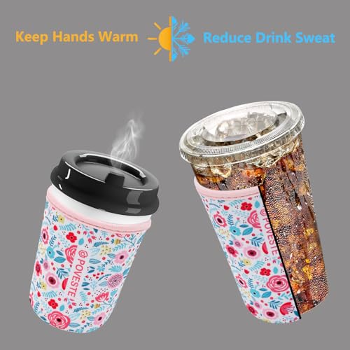 Image of Reusable Neoprene Insulator Sleeve for Iced Coffee & Cold Soda, Coffee Sleeves for Iced & Hot Drinks, Cold Beverage Cooler Compatible with Starbucks, Dunkin (White Flower Garden, Medium: 22-24oz)