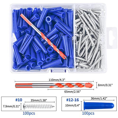 Beslife CAS-01 Concrete Anchors And Screws Kit, 100Pcs Masonry Anchors And 100Pcs Masonry Screws With 1Pcs Bit, Conical Drywall Anchors And Self Tapping Screws For Stucco Concrete Masonry Brick Dry Wall thumb #1