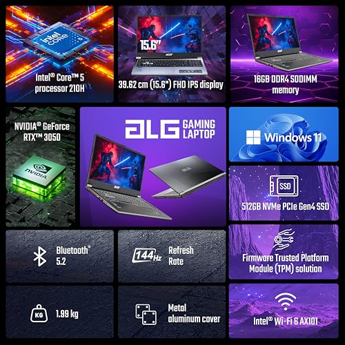 Image of Acer ALG, Intel Core5-210H Processor, NVIDIA GeForceRTX 3050-6GB DDR6, 16GB RAM, 512GB SSD,Office 2024 + M365 Basic, FHD 15.6 inch, 144Hz, Windows 11 Home, Steel Gray, 1.99 KG, AL15G-53, Gaming Laptop