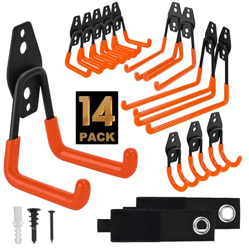 TECHSHARE Wandhaken Garage, 14 Stück Garagenhaken Wandhaken, 4 Verschiedene Größen, Schwerlasthaken für Gartengeräte, Werkstatt, Leiter, Garagenorganisation(Orange)