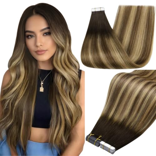 Full Shine Tape In Hair Extensions Human Hair, Dark Brown Caramel 18 Inch | 50G 20Pcs, Real Hair Extensions Tape in, Seamless Skin Weft, Add Volume For Fine Thin Hair