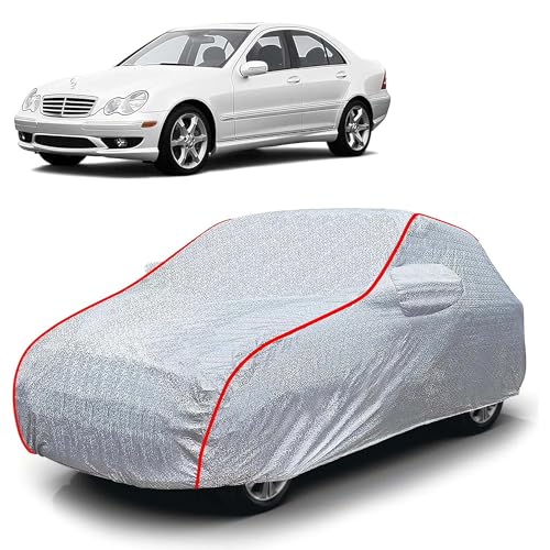 Image of Sulfar 100% Waterproof Car Body Cover Compatible with Mirror for Mercedes Benz C280 (Triple Stitched, Full Bottom Elastic, Magic Silver with Red Piping)