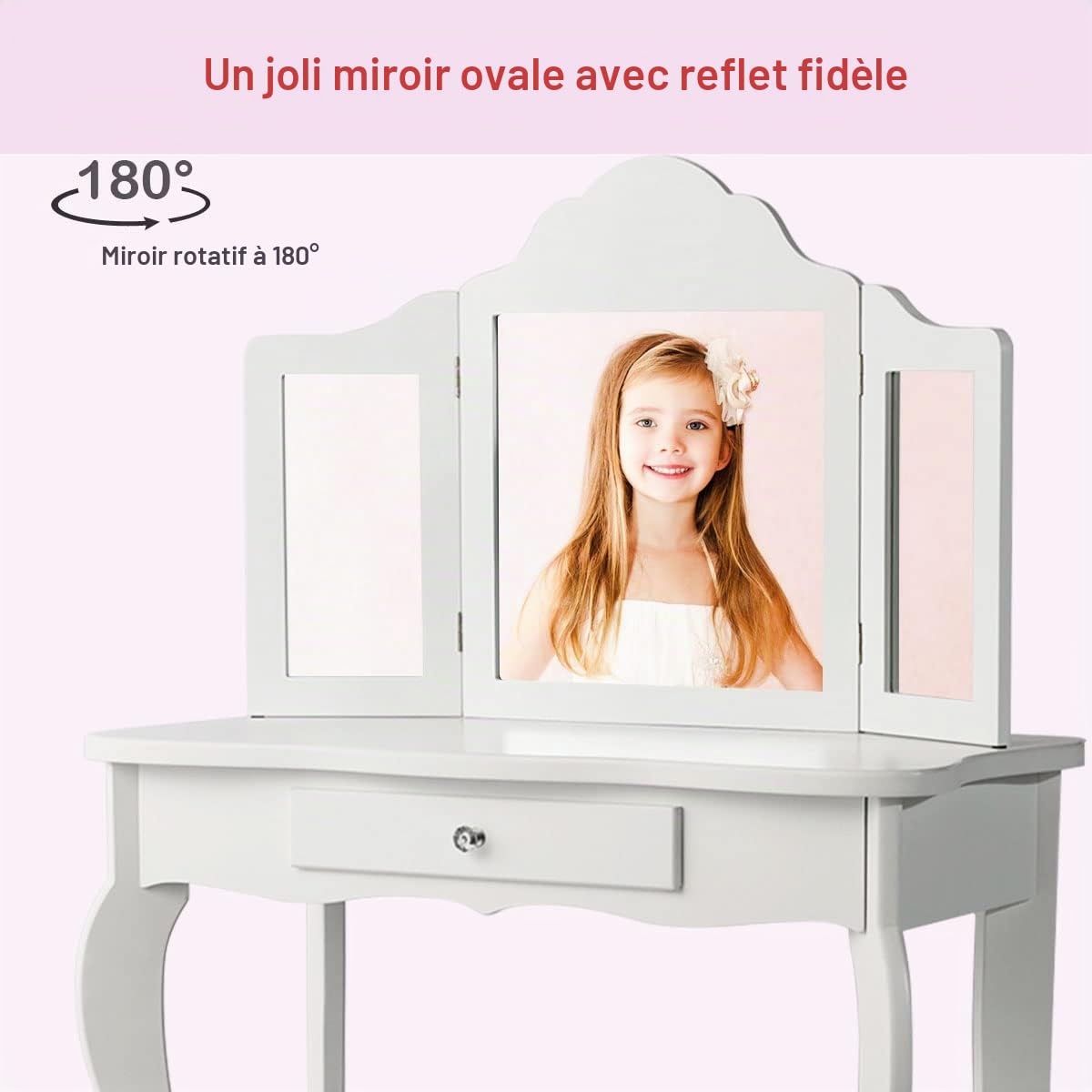 LIFEZEAL Coiffeuse Enfant 2 en 1 avec Tabouret et Tiroir, Coiffeuse Enfant Fille avec Miroir à 3 Volets Pliables, Table de Maquillage pour Enfants 3-7 Ans, 70x34x105cm (Blanc)