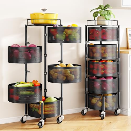 SNTD Fruit and Vegetable Basket Bowls for Kitchen with Metal Top Lid, 5 Tier Rotating Storage Rack Cart for Potato Onion Bread Banana, Wire Basket Organizer on Wheels, Large, Black
