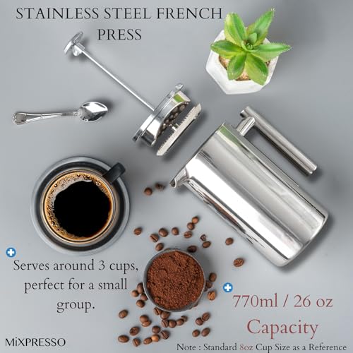 Mixpresso Stainless Steel French Press Coffee Maker 26 Oz 770 ml, Double Wall Insulated French Press Stainless Steel, Ea - Additional View