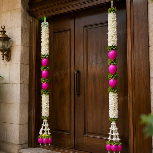 Image of Divyakosh BuilderCoach 2 Pack Decorative Door Hanging, 3 Feet (36 Inches) Each, Floral Toran with Pink Lotus Buds, White Flowers & Green Foliage, Festive Pooja, Ganpati & Entrance Decor