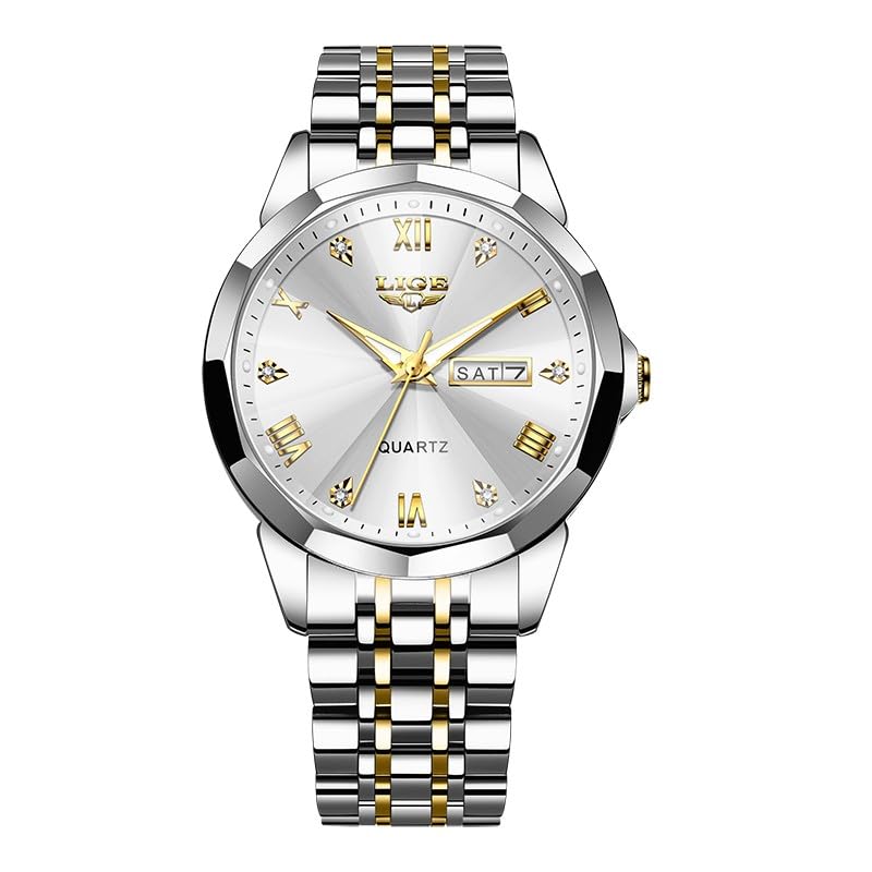 LIGE Relojes de hombre resistentes al agua de cuarzo relojes para hombres de acero inoxidable con fecha de negocios plata oro pulsera de acero elstal luminosos relojes de pulsera para hombre, plata y