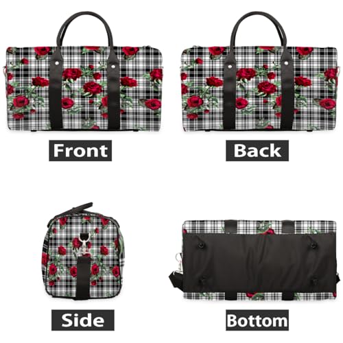 Rose Flower Plaid Travel Duffel Bag, Buffalo Plaid Sports Tote Gym Bag, Foldable Weekender Overnight Bag, Luggage Handle Bag for Women Men2