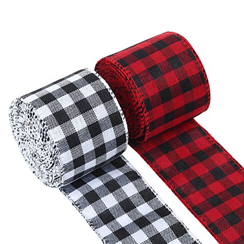 2 Rolls Burlap Gingham Wired Ribbon Black Red Plaid Ribbon, Black White Plaid Ribbon for Craft & DIY Project,Christmas Decoration,Floral Bows Crafts Decoration,Gift Wrapping (2.5 Inch by 10 Yards)