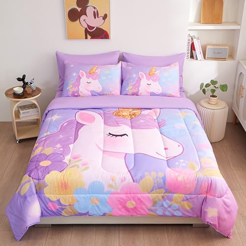 Image of Purple Unicorn Bedding Queen 7-Piece Comforter Set for Girls, Super Soft Microfiber Bed Set Bed in a Bag with Comforter Sheets Pillowcase & Sham (Purple Unicorn - No Text, 7 Piece Queen Size