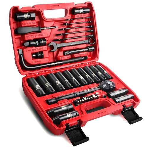 Image of LLNDEI 1 /2 inch Dr. Ratchet Impact Socket Wrench Set,Deep Sockets(8-24mm),Spark Plug Socket(16,21mm),49PCS, CR-V, Metric, With Combination Wrenches (8-17mm)