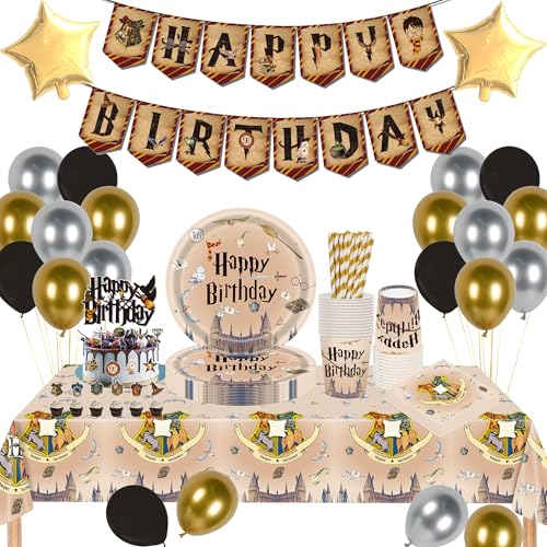 Eviznbou Wizard Geburtstag Deko Magischer Partygeschirr Set Wizard Geburtstag Party Geschirr Luftballons Pappteller Tischdecke für Party Kindergeburtstag Deko 16 Gäste