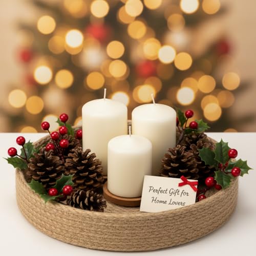 Image of BOBBINY Decorative Round Rope Tray for Decor - Rope Tray for Kitchen Dining Room Table - The Perfect Small Candle Serving Tray for Coffee Table and Home Decor (Peach, 10x10 Inch (Pack of 1))