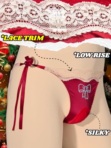 Mens Sexy Sissy Panties, Rhinestone Bow Ice Silk&Satin&Lace, Low Rise Tie Side Cheeky Girly Lingerie Underwear4