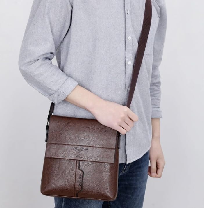 Image of KELLANDY Men's Leather Messenger Bag, Brown Crossbody Shoulder Bag with Adjustable Strap, Business Travel Satchel