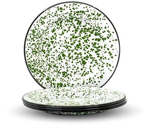 Red Co Set of 4 Enamelware Metal Classic 10 Round Dinner Plate Dark Green MarbleBlack Rim Splatter Design