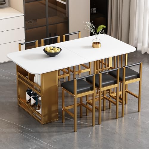 Rtopsu Esszimmergruppe Essgruppen, Esstisch mit 6 Stühlen Set mit Goldene Metallbeine, Rechteckiger Esstisch 156x78x78 cm mit Weiß Tischplatte, Schwarz Gepolsterter Esszimmerstühle für 6 Personen