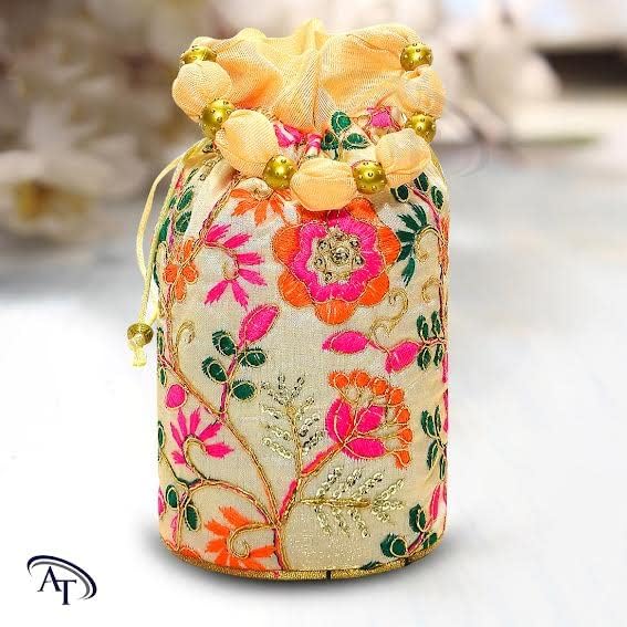 Image of Women Potli Bags | Zari Embroidered Silk With Drawstring | Traditional Return Gifts for Mehandi, Haldi, Baby Shower, Wedding, Sangeet, Seemantham