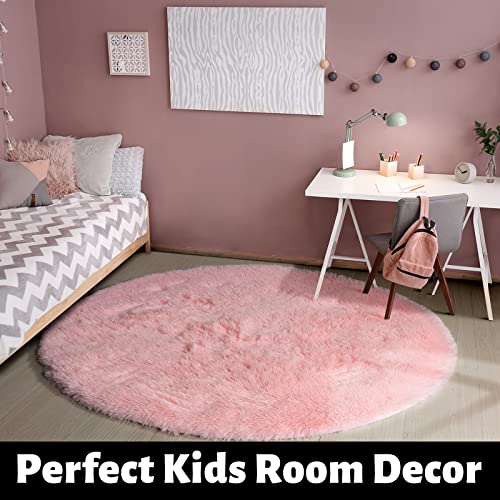 Amdrebio AREA RUG Pink Round Rug For Girls Bedroom,Fluffy Circle Rug 4'X4' For Kids Room,Furry Carpet For Teen Girls Room,Shaggy Circular Rug For Nursery Room,Fuzzy Plush Rug thumb #5