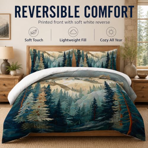 Image of AILONEN Queen Size Comforter Set,Mountains Forest Landscape Art Bedding Set for Room Decor,Lightweight Micorifber Duvet with 2 Pillowcases,3Pcs