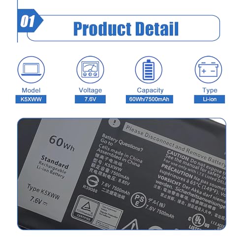 Image of 60Wh K5XWW Laptop Battery Compatible with Dell Latitude 13 7389 Latitude 7390 2-in-1 Latitude 12 5000 5289 2-in-1 L3180 E5289 P29S001 P29S002 Series 6CYH6 71TG4 725KY N18GG 451-BBZC CFX97