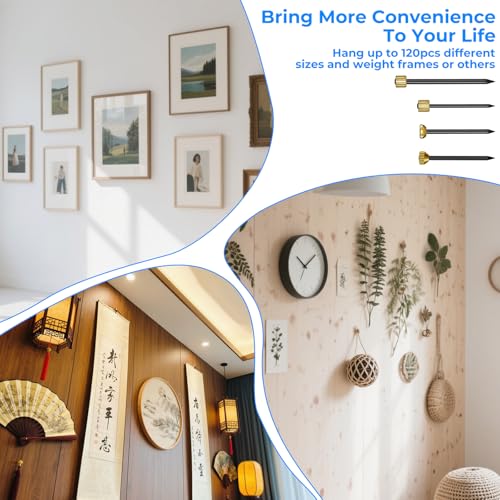 Image of 120 Pcs Picture Hanging Nails, 4 Styles Wall Decorative Nails for Hanging Pictures Picture Frame Hangers Nail Hardware Tool with Plastic Box for Claw Drywall Pictures Mirrors Painting Baskets