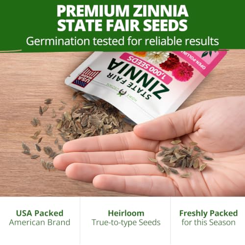 Image of HOME GROWN State Fair Zinnia Seeds (Zinnia Elegans) - 1,000 Flower Seeds for Planting 2026, 7.5g Bulk, Beds, Borders, Cottage Garden, Pollinator Friendly, Large Double Blooms
