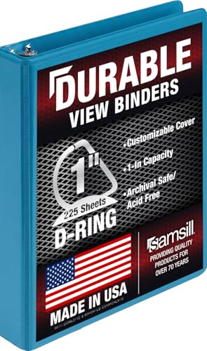 Image of Samsill Durable 1 Inch Binder, D Ring Binder, Customizable Clear View Cover, Sky Blue, Holds 225 Pages