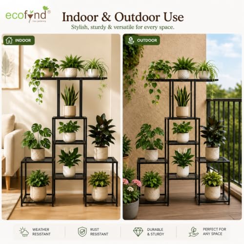 Image of ecofynd Koda Plant Stands for Outdoor Balcony, Flower Pot Stand for Indoor Plants, Large Metal Planter Stand for Living Room, Home Decor, Indoor & Outdoor Plants, 8 Tier (PS055-BLK)
