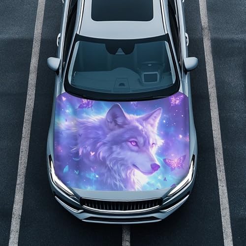 Image of 59x39 Inch Cool Wolf Butterfly Car Hood Cover Protector Waterproof Sun-Proof Auto Hood Flag Universal Automotive Exterior Accessories for SUV Sedans Trucks