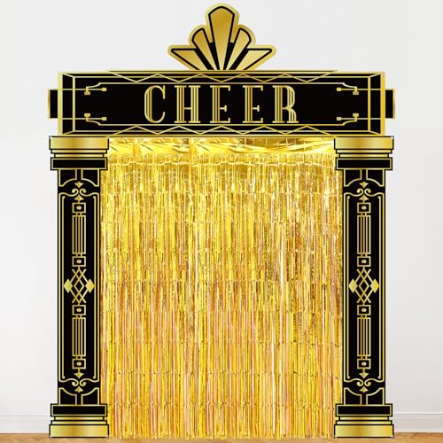 Image of Tingjoo 6 Pcs Roaring 20s Party Decorations Set Black and Gold Door Cover Banner with Gold Tinsel Fringe Curtain Backdrop 1920s Birthday Speakeasy Awards Night Vintage Jazz Flapper Wedding Supplies