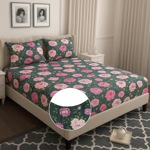 Image of HOMEKART 120 TC Cotton Rich Elastic Corner Fitted Bedsheet with 2 Pillow Covers | Double Bed 72x68+6 Inches | Wrinkle-Free, Super Soft & Breathable Floral Design | Dark Green & Pink