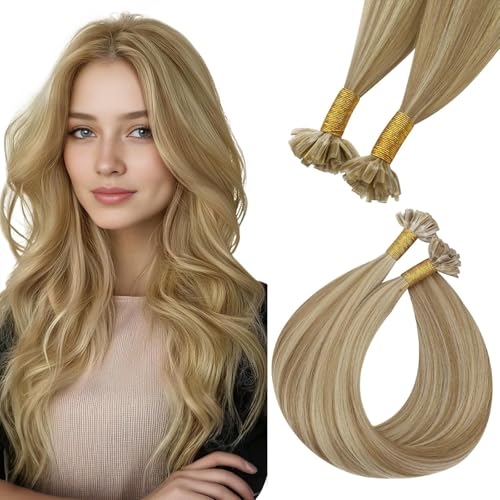Easyouth Extension de Cheveux Naturel Keratine Blond Extension Cheveux Humain Keratine Invisible Blonde Moyenne à Blond Doré Highlight Extension Keratine a...