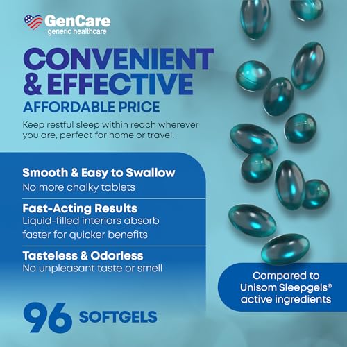 gencare maximum strength nighttime sleep aid supplement for adults deep sleep pills with diphenhydramine hcl 50mg to fall asleep faster- strong non-habit forming pm sleeping relief 96 softgels