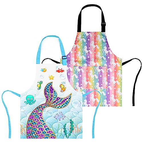 XonyiCos Pack of 2 Kids Boys Dinosaur Aprons, Girls Unicorn Apron for Cooking Painting Chef Cartoon Apron for Kids 3-12 Years, Mermaid unicorn, 6-12 Years