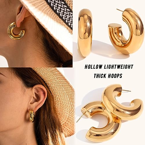 Ronglry-Chunky-Gold-Hoop-Earrings-and-Ear-Cuffs-for-Women-Non-Piercing-Hollow-Lightweight-Stainless-Steel-Thick-Open-Hoops-Earrings-with-18K-Gold-Plated-Chunky-Ear-Cuff-Hypoallergenic-Huggie-Clip-On-E