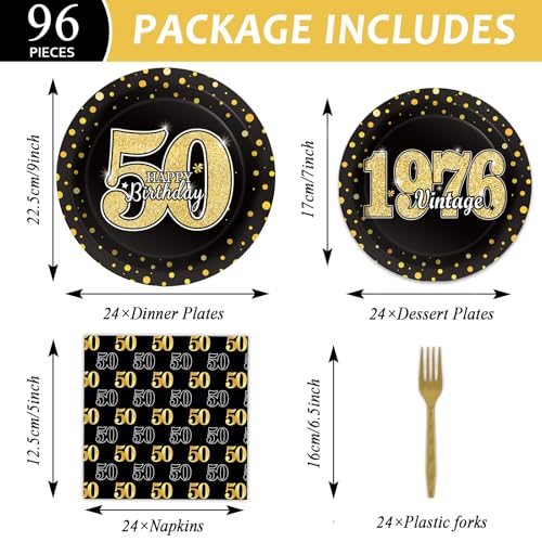 Image of ZOIIWA 96 Pcs Vintage 50th Birthday Party Decorations Vintage 1976 Birthday Tableware for Men Woman Cheers to 50 Years Dessert Plates Napkins Forks for 24 Guests Back in 1976 Party Favors