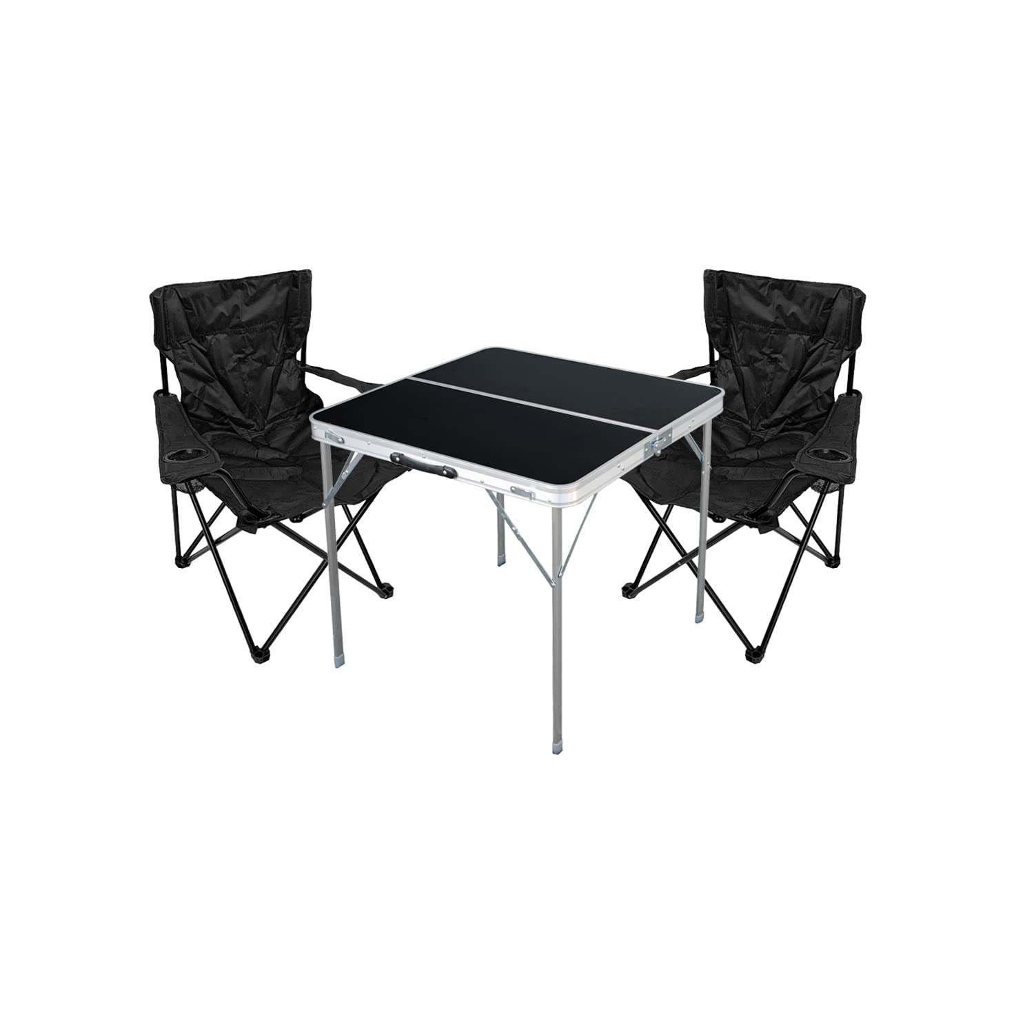 3tlg. Campingmöbel Set Alu 80x80x70cm 1x Campingtisch schwarz mit Tragegriff + 2 Anglerstühle, Faltstühle Campingstühle Schwarz