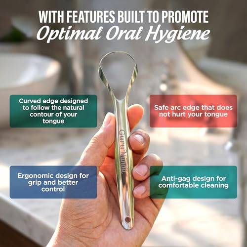 Image of GuruNanda Tongue Scraper for Adults (4-Pack) with Travel Case, 420 Medical Grade Stainless Steel, Aids in Fresh Breath & Oral Care - Travel-Friendly