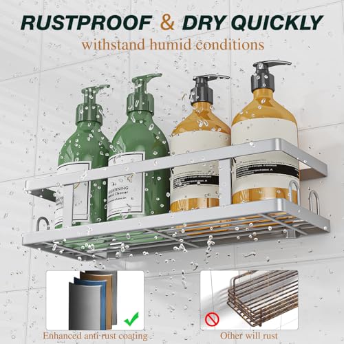Image of Youvip Adhesive Shower Caddy, 3 Pack Shower Shelves with Soap Holder and 12 Hooks, Rustproof No Drilling Bathroom Organizer and Storage, Silver