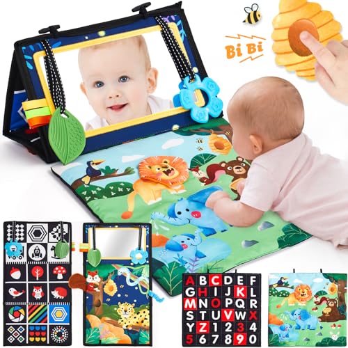 Image of hahaland Baby Toys 0-6 Months - Tummy Time Mat & Mirror with Teether, Black and White High Contrast Crinkle Toys, Montessori Sensory Brain Development Toys for Newborn Infant 0 3 6 Months