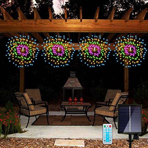 4 Stück hängende Solar-Feuerwerk-Lichter, 200 LED-Starburst-Lichter, Kupferdraht, wasserdicht, 8 Modi, Fernbedienung, dekorative Lichter für Terrassenschirme, Traufen, Gartenbaum (mehrfarbig) Cover