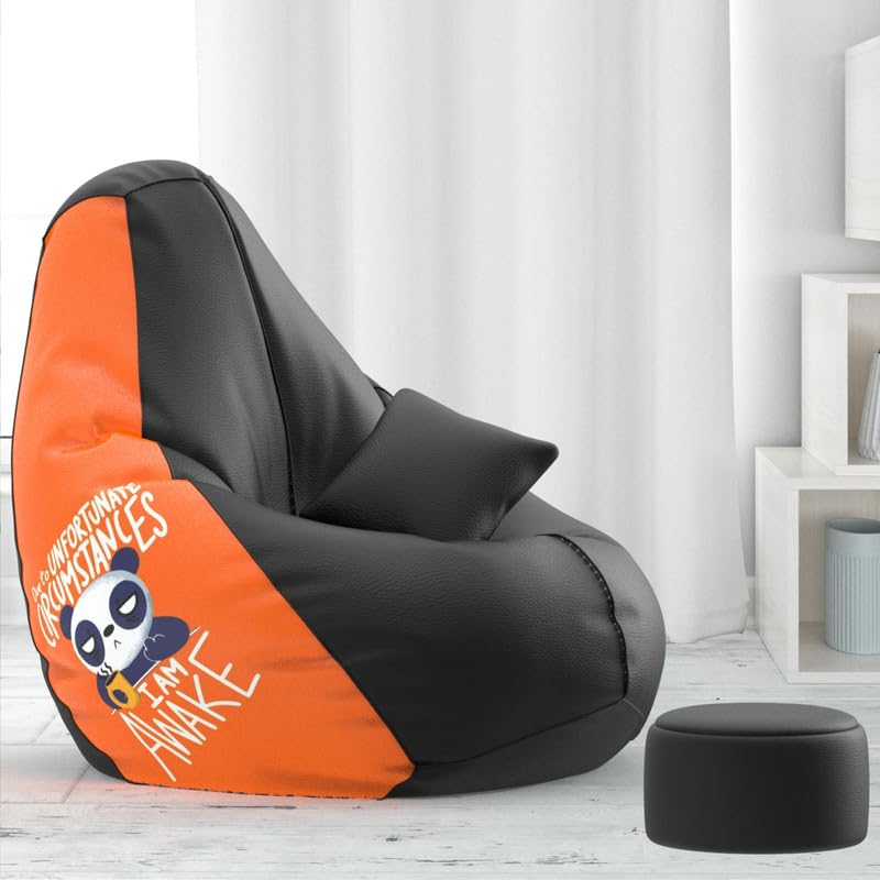 Image of Biggie Bean Bag with Beans Filled 4XL Evergreen Classics Bean Bag-Loud Prints-Soft Landings-Styled with Free Cushion & Footrest (Matching Color : Printed I am Awake - Black Orange)