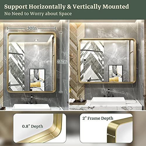 Tokeshimi Gold Bathroom Mirror For Wall 36 X 30 Inch Metal Rounded Corner Rectangle Mirror Metal Frame Deep Set Design Hangs Horizontal Or Vertical #TOP4