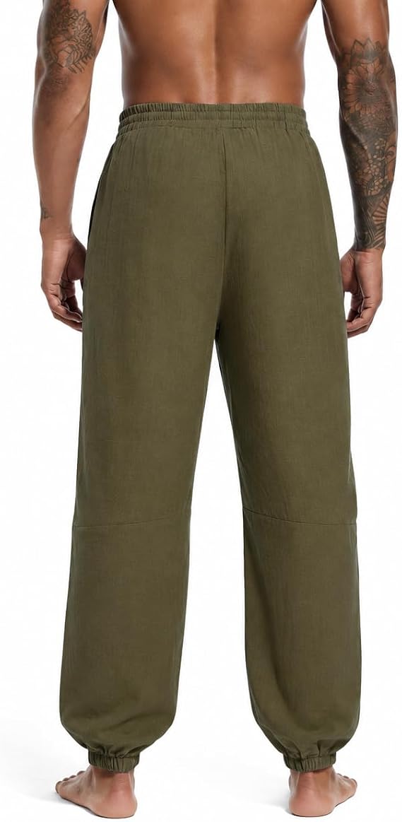 CLANMILUMS Mens Cotton Linen Drawstring Pants Elastic Waist Casual Jogger Yoga Pants