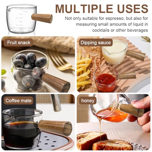 Image of Supvox Double Espresso Cup 75ml Heat Resistant Measurement Cup with Wooden Handle High Boron Glass Espresso Shot Glass with Easy Pour Spout for Home and Cafe