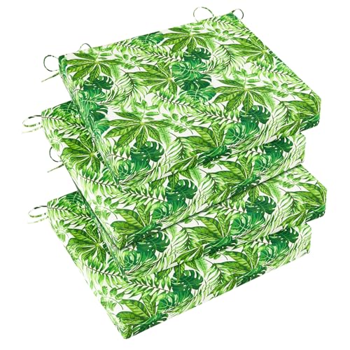 Image of Basic Beyond Outdoor Chair Cushions Set of 4, Square Corner Outdoor Cushions for Patio Furniture, Water Resistant Patio Chair Cushions with 2 Ties, 18.5x16x3, Green Leaves